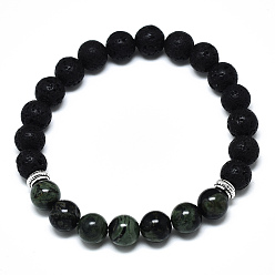 Serpentine Natural Gemstone Beads Stretch Bracelets, with Synthetic Lava Rock Beads and Alloy Beads, Round, Inner Diameter: 2-1/8 inch(5.5cm), Beads: 8.5mm