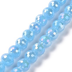 Light Sky Blue Electroplate Imitation Jade Glass Beads Strands, AB Color Plated, Faceted(96 Facets), Round, Light Sky Blue, 7~8mm, Hole: 1.2~1.4mm, about 68~70pcs/strand, 19.69''(50cm)