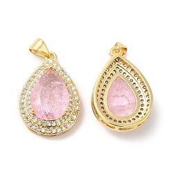 Pink Real 16K Gold Plated Brass Micro Pave Cubic Zirconia Pendants, with Glass, Teardrop Charms, Pink, 23.5x16x7mm, Hole: 5x3.5mm
