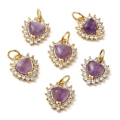 Amethyst Natural Amethyst Heart Charms, with Rack Plating Brass Micro Pave Clear Cubic Zirconia Findings and Jump Ring, Cadmium Free & Lead Free, Real 18K Gold Plated, 12.5x11x5mm, Hole: 3.5mm