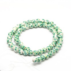 Light Sea Green Handmade Flower Printed Porcelain Ceramic Beads Strands, Round, Light Sea Green, 6mm, Hole: 2mm, about 60pcs/strand, 13 inch