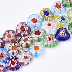 Colorido Hilos hechos a mano millefiori lampwork beads, corazón, colorido, 10x10x4 mm, agujero: 1 mm, sobre 37 unidades / cadena, 13.38 pulgada