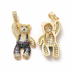 Colorful Brass Micro Pave Cubic Zirconia Pendants, Bear Charm, Golden, Colorful, 31x16x5.5mm, Hole: 4x2.5mm