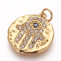 Golden Brass Micro Pave Cubic Zirconia Pendants, Lead Free & Cadmium Free & Nickel Free, Flat Round with Hamsa Hand/Hand of Fatima/Hand of Miriam, Clear, Golden, 18x16x2mm, Hole: 3mm