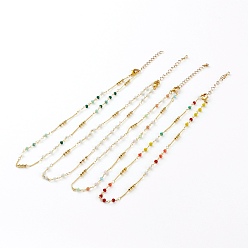 Mixed Color Faceted Glass Beaded Necklaces, with Brass Beads and Lobster Claw Clasps, Round, Real 18K Gold Plated, Mixed Color, 15-5/8 inch(39.7cm)