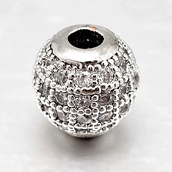 Platinum Round Brass Micro Pave Cubic Zirconia Beads, Clear, Platinum, 8mm, Hole: 2mm