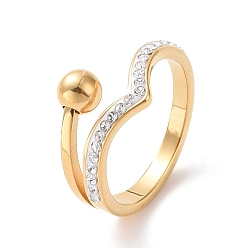 Золотой Кристальная волна со стразами и круглым кольцом на круглом пальце, ионное покрытие (ip) 304 ювелирные изделия из нержавеющей стали для женщин, золотые, размер США 6~9 (16.5~18.9 мм)