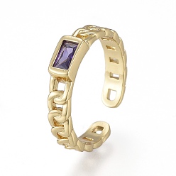 Purple Brass Micro Pave Cubic Zirconia Cuff Rings, Open Rings, Long-Lasting Plated, Rectangle, Curb Chain Shape, Real 18K Gold Plated, Purple, Size 6, Inner Diameter: 17mm