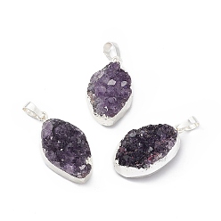 Silver Natural Amethyst Druzy Pendants, with Rack Plating Brass Findings, Cadmium Free & Lead Free, Oval Links, Silver, 27~31x16~18x11~13mm, Hole: 8x5mm