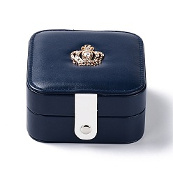 Marine Blue PU Imitation Leather Jewelry Organizer Box, with Wood Inside, Velvet Covered, Portable Jewelry Storage Case, for Ring, Earrings and Necklace, Square with Crown, Marine Blue, 11.2x11.4x5.9cm