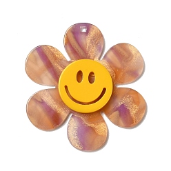 Chardon Gros pendentifs en acrylique bicolore, fleur avec le visage souriant, chardon, 55x50x4.5mm, Trou: 1.8mm