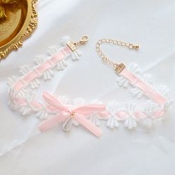 Pink Cloth Bowknot Choker Necklaces, with Imitation Pearl Beads, Pink, 11.81 inch(30cm)