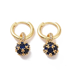 Bleu Nuit Boucles d'oreilles créoles pendantes boule ronde zircone cubique, bijoux en laiton doré pour femme, bleu minuit, 25.5mm, pin: 0.8 mm