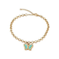 Golden Enamel Butterfly Charm Bracelet with Rolo Chains, Ion Plating(IP) 304 Stainless Steel for Women, Golden, 8-7/8 inch(22.5cm)