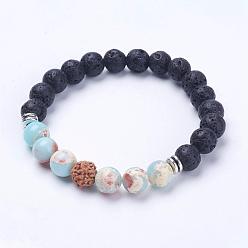 Shoushan Stone Natural Lava Rock Beads Stretch Bracelets, with Natural Shoushan Stone/Larderite Beads, Bodhi and Alloy Findings, Antique Silver, 2-1/8 inch(55mm)