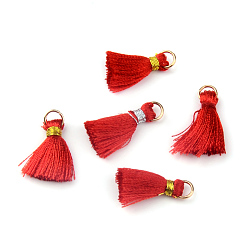 Red Nylon Thread Tassel Pendant Decorations, with Golden Iron Jump Rings, Random Color Binding Threads, Red, 13~16mm