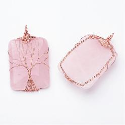 Quartz Rose Naturelle quartz rose gros pendentifs, avec les accessoires en laiton de ton or rose, rectangle avec arbre de vie, 52.5x30x8.5mm, Trou: 4.5mm