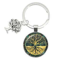 Kaki Clair Porte-clés en verre, plat rond avec breloques arbre de vie, 6.2 cm