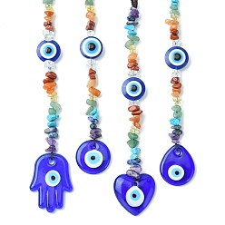 Mixed Shapes Gemstone Chip Beaded Pendant Decorations, with Evil Eye Lampwork and Nylon Thread Hanging Ornaments, Mixed Shapes, 224~261mm, Pendant: 175~211x29~36x7.5~8mm