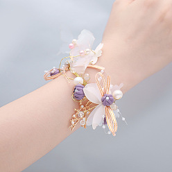 Medium Purple Silk Cloth Butterfly and Flower Wrist Corsage, with Plastic Pearl & Glass Beads and Alloy Findings, for Bride or Bridesmaid, Wedding, Party Decorations, Medium Purple, 130mm