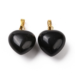 Obsidienne Pendentifs en obsidienne naturelles, avec les accessoires en laiton de tonalité d'or, charme coeur, 18x15~15.5x6~8mm, Trou: 6x3mm