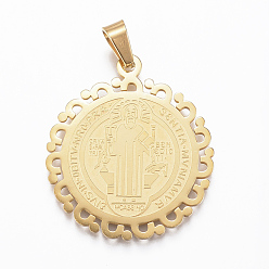 Doré  Pendentifs en acier inoxydable, plat rond avec la médaille de saint bénédict, or, 304mm, Trou: 28x25x1mm