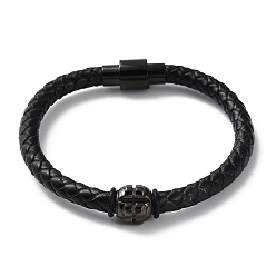 Black Leather Braided Round Cord Bracelet, with 304 Stainless Steel Magnetic Clasps & Beads for Men Women, Black, 8-1/4 inch(21cm)