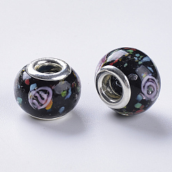 Black Handmade Lampwork European Beads, Large Hole Beads, with Silver Color Plated Brass Double Cores, Inner Flower Lampwork, Rondelle, Black, 14x11mm, Hole: 5mm