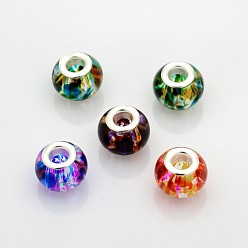 Mixed Color Large Hole Glass European Beads, with Silver Color Plated Brass Cores, Rondelle, Mixed Color, 14x11mm, Hole: 5mm
