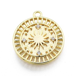 Real 18K Gold Plated Ion Plating(IP) Brass Micro Pave Clear Cubic Zirconia Pendants, Flat Round with Sun, Real 18K Gold Plated, 16.5x14x1.5mm, Hole: 1.2mm