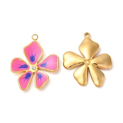 Deep Pink 304 Stainless Steel Enamel Pendants, with Rhinestones, Real 18K Gold Plated, Flower Charm, Deep Pink, 21.5x17x2.5mm, Hole: 1.5mm