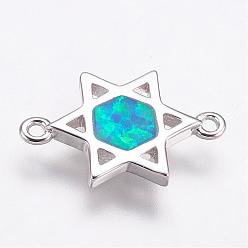 Platinum Synthetic Opal Links connectors, with Brass Findings, for Jewish, Star of David, Platinum, 10.5x15.5x1.5mm, Hole: 1mm