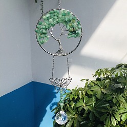 Green Aventurine Glass Teardrop Pendant Decoration, Hanging Suncatchers, with Natural Green Aventurine Chip Tree of Life, for Window Home Garden Decoration, Butterfly, 370mm