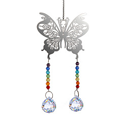 Round Glass Big Pendant Decorations, Hanging Suncatchers, with Metal Butterfly Link for Garden Decoration, Round, 450mm