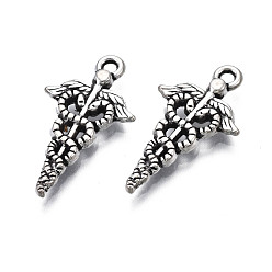 Antique Silver Tibetan Style Alloy Caduceus Medical Symbol Charms, Cadmium Free & Lead Free, Wing with Snak, Antique Silver, 25x13.5x2.5mm, Hole: 1.6mm, about 840pcs/1000g