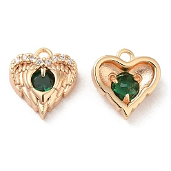 Dark Green Brass & Glass & Cubic Zirconia Charms, Heart Wing Charm, Real 18K Gold Plated, Dark Green, 11x10.5x4mm, Hole: 1.2mm