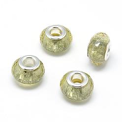 Verge D'or Pâle Résine perles européennes, Perles avec un grand trou   , avec noyaux en laiton plaqué couleur argent, facette, rondelle, Perles avec un grand trou   , verge d'or pale, 13.5~14.5x9mm, Trou: 5mm