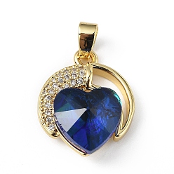 Blue Real 18K Gold Plated Rack Plating Brass Micro Pave Clear Cubic Zirconia Pendants, with Glass, Long-Lasting Plated, Cadmium Free & Lead Free, Heart Charm, Blue, 21x17.5x8mm, Hole: 5x3mm