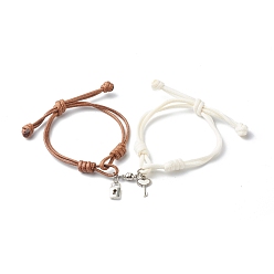 Mixed Color Adjustable Korean Waxed Polyester Cord  Bracelets, with Tibetan Style Alloy Pendants and Round Brass Magnetic Clasps, Padlock & Skeleton Key, Mixed Color, Inner Diameter: 1-1/4~2-3/8 inch(3.1~6cm), 2pcs/set