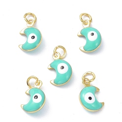 Turquoise Brass Enamel Charms, Real 18K Gold Plated, with Jump Rings, Moon with Evil Eye, Cadmium Free & Lead Free, Turquoise, 11x7x3.5mm, Hole: 2.6mm