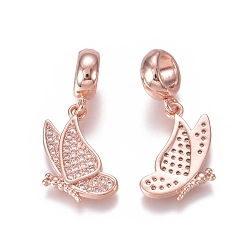 Rose Gold Brass Micro Pave Clear Cubic Zirconia European Dangle Charms, Large Hole Pendants, Butterfly, Rose Gold, 25mm, Hole: 5mm, Butterfly: 17x12x2mm