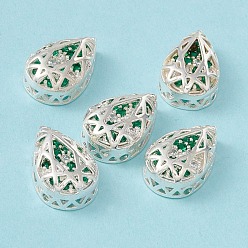 Green Rack Plating Brass Micro Pave Cubic Zirconia Multi-strand Links, Cadmium Free & Lead Free, Teardrop, Silver Color Plated, Green, 14x9.5x5mm, Hole: 1.2mm