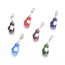 Mixed Color Handmade Lampwork Pendants, with Platinum Tone Brass Lobster Clasps, Penguin, Mixed Color, 45.5mm