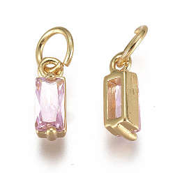 Pearl Pink Brass Micro Pave Cubic Zirconia Charms, Long-Lasting Plated, with Jump Ring, Real 18K Gold Plated, Rectangle, Pearl Pink, 10x3x3mm, Hole: 3mm