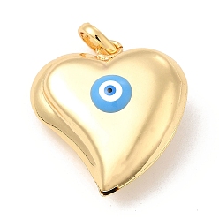 Deep Sky Blue Brass Pendants, with Enamel, Real 18K Gold Plated, Long-Lasting Plated, Heart with Evil Eye Charm, Deep Sky Blue, 33x30x12mm, Hole: 8.5x5mm
