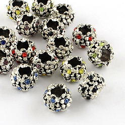 Mixed Color Antique Silver Plated Alloy Rhinestone Flower Large Hole European Beads, Mixed Color, 11x8mm, Hole: 5mm