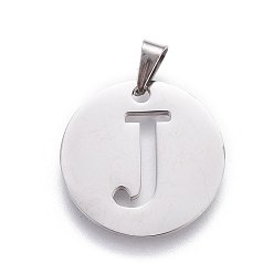 Letter J 201 Stainless Steel Pendants, Flat Round with Letter, Stainless Steel Color, Letter.J, 24.5x19.7x1.3mm, Hole: 4x3mm