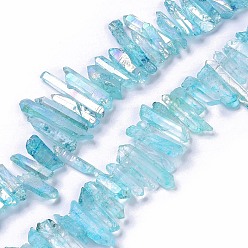 Light Sky Blue Electroplated Natural Crackle Quartz Crystal Dyed Beads Strands, AB Color, Chip, Light Sky Blue, 13~38x3~7x4~7mm, Hole: 1mm, about 67~70pcs/strand, 14.76~15.16''(37.5~38.5cm)