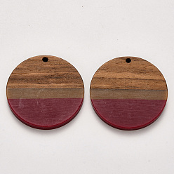 Red Resin & Walnut Wood Pendants, Waxed, Flat Round, Dark Red, 32.5x3~4mm, Hole: 2mm