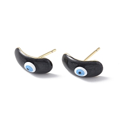 Black Enamel Curved Oval with Evil Eye Stud Earrings, Real 18K Gold Plated Brass Jewelry for Women, Black, 7.5x15.5mm, Pin: 0.8mm